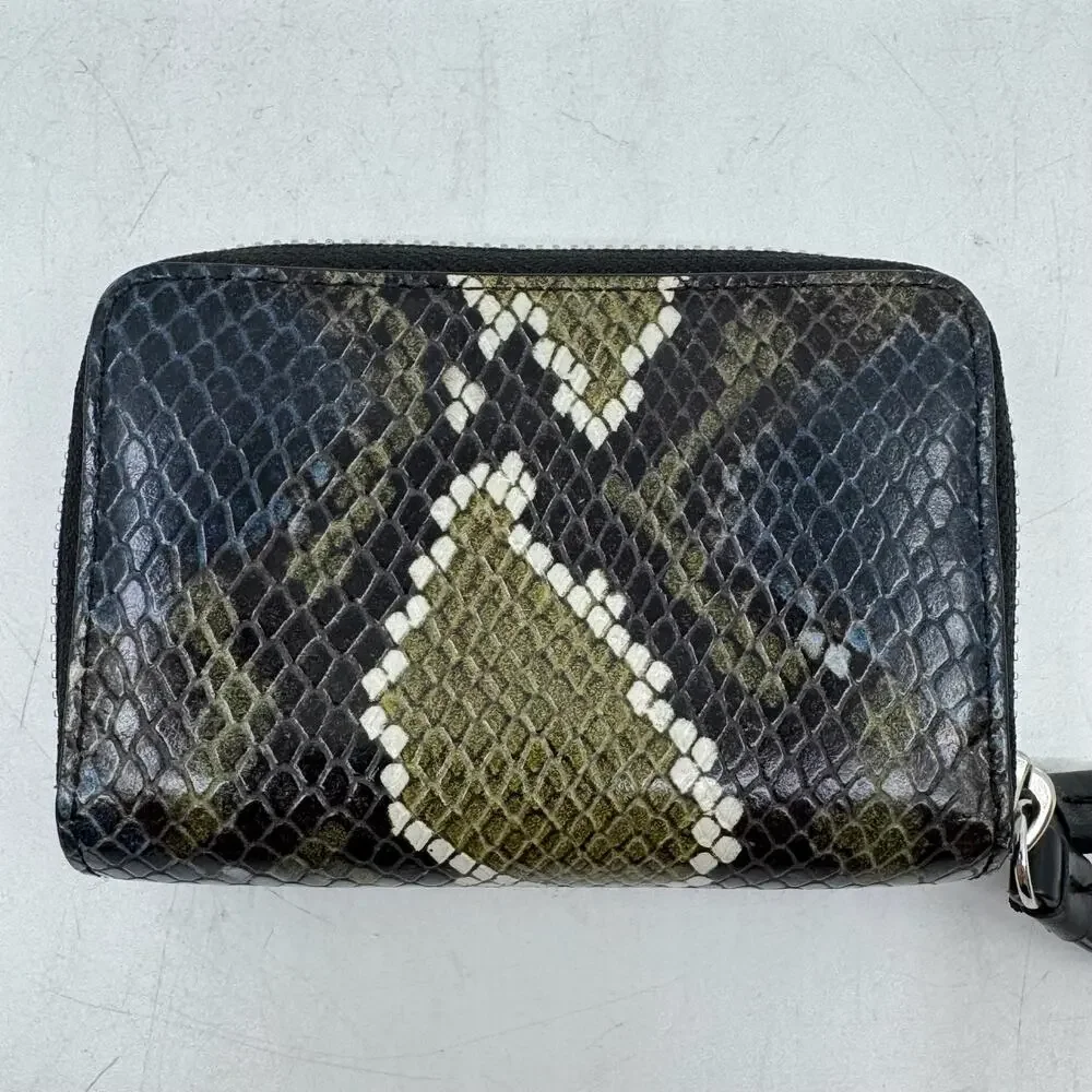 ALLSAINTS Fetch Leather Card Holder Wallet in Storm Green Snake Print
